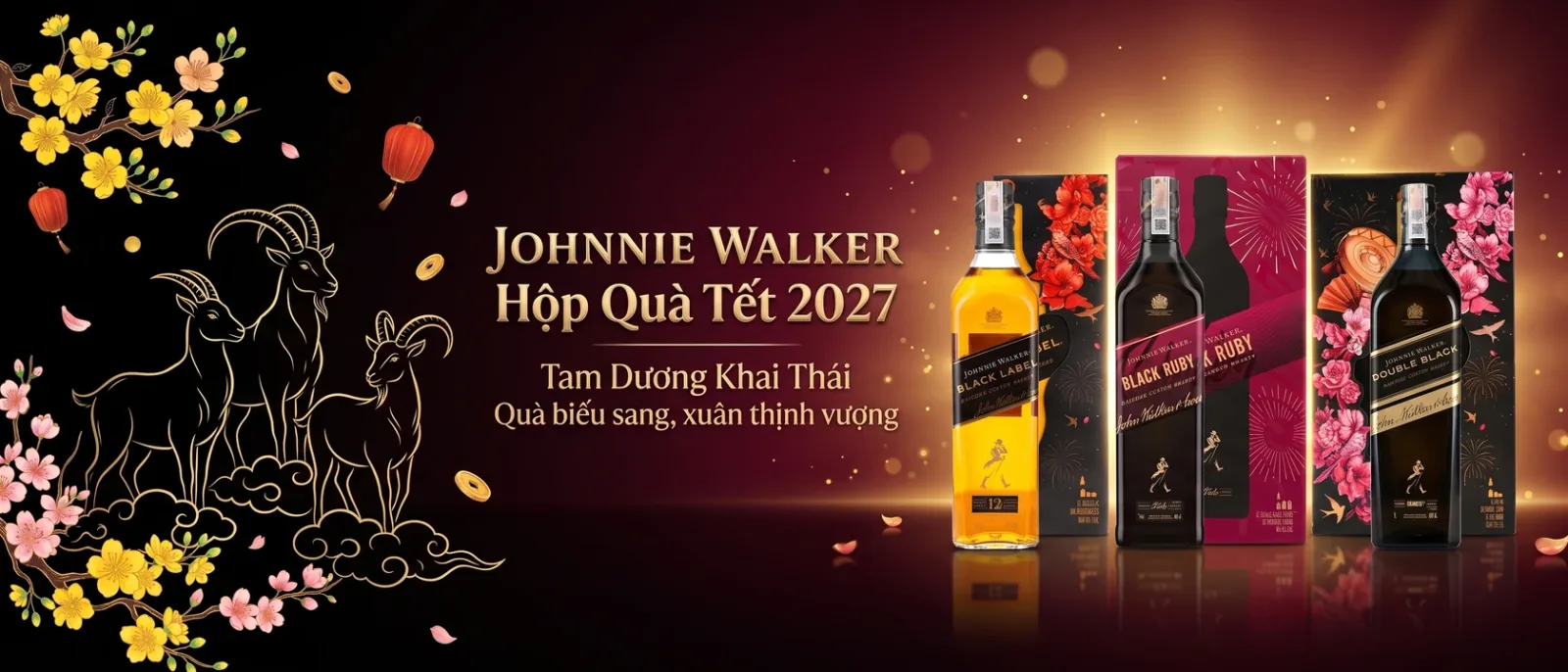Banner hộp quà Johnnie Walker Tết 2027 Black Label, Black Ruby, Double Black — Shop Rượu Thủ Đức Đỗ Mai