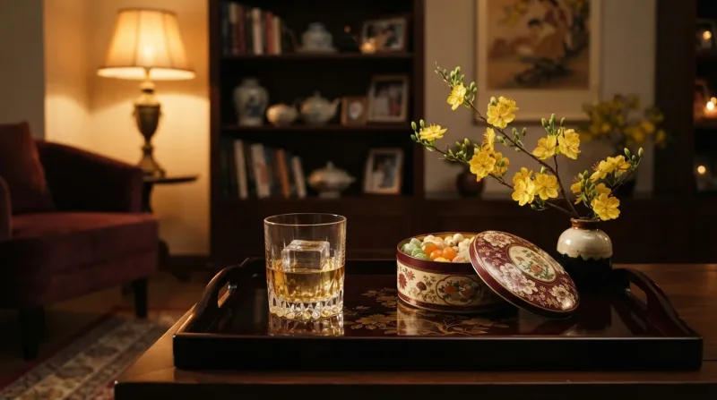 Ly whisky có đá đặt cạnh mâm mứt Tết và cành mai vàng trong buổi tối mùng 1