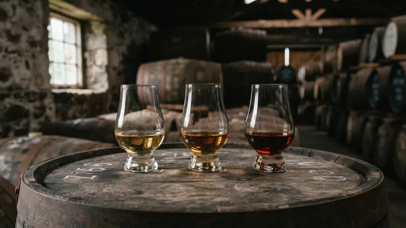 Ba ly whisky màu hổ phách đậm nhạt khác nhau đặt cạnh thùng gỗ sồi
