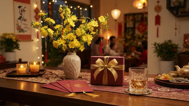 Chai whisky và hộp quà trên bàn tiệc Tết ấm cúng