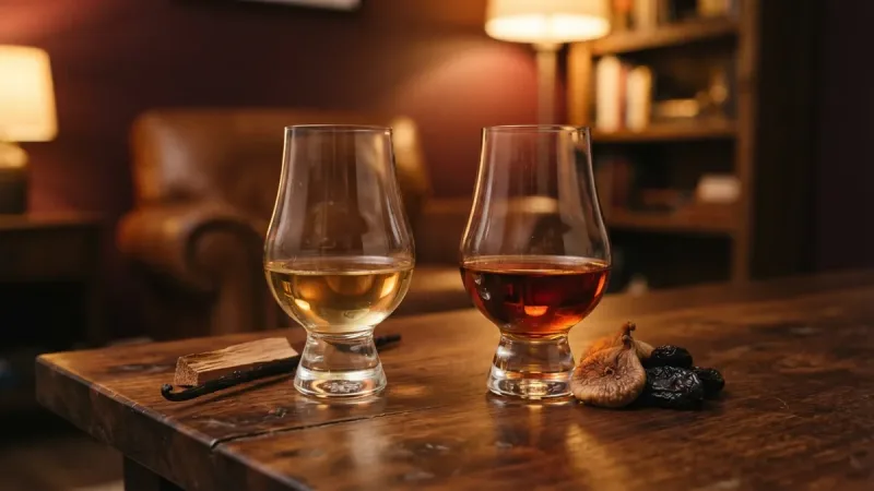 Hai ly whisky đặt cạnh nhau: ly Black Label vàng óng và ly Black Ruby ngả đỏ