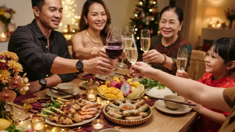 Bàn tiệc cuối năm với những ly nước nho tím và vàng sủi tăm cùng nâng ly