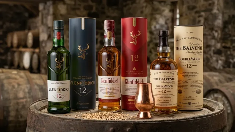 Glenfiddich 12 Our Original, Glenfiddich 12 Amontillado và The Balvenie 12 DoubleWood trên thùng gỗ sồi
