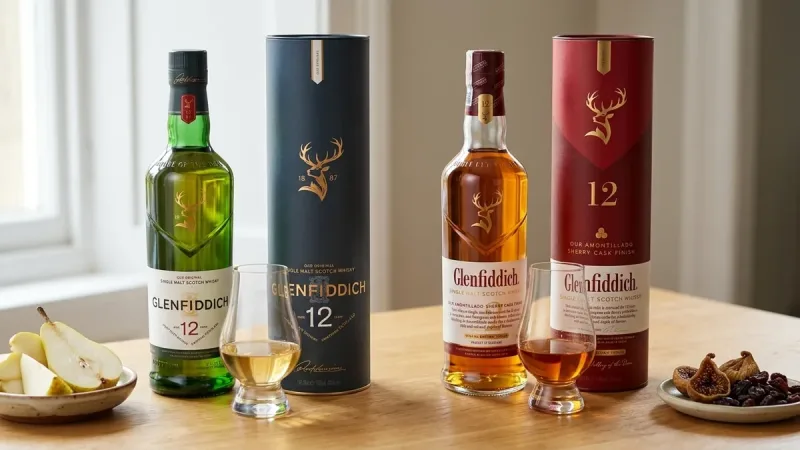 Hai ly Glenfiddich 12 đặt cạnh nhau: bản Our Original vàng nhạt và bản Amontillado hổ phách đậm