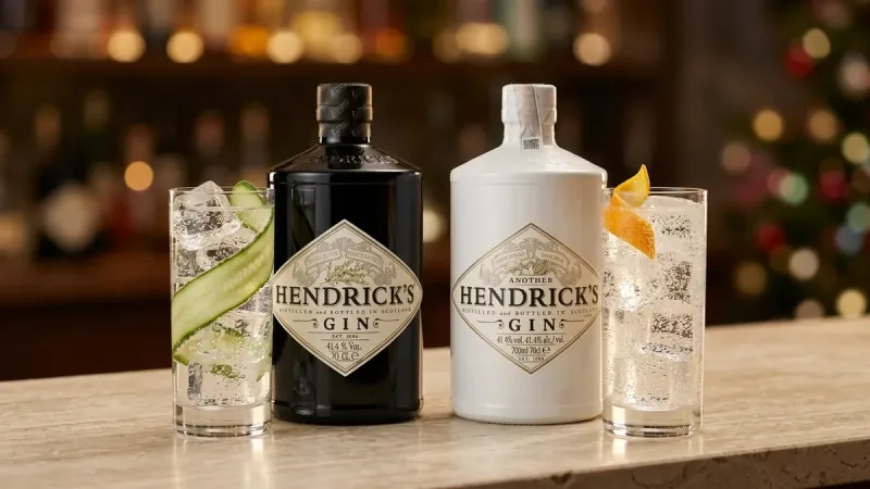 Ly gin tonic dưa leo của Hendrick's chai đen và ly fizz vỏ cam của Another Hendrick's chai trắng