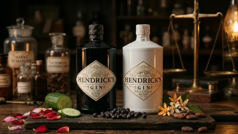Hendrick's Gin và Another Hendrick's bên dưa leo, hoa hồng, hoa cam và hạt cacao
