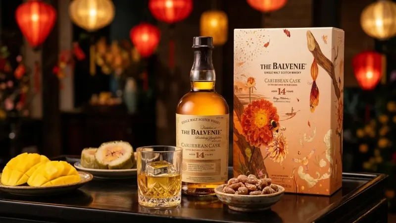 Balvenie 14 Caribbean Cask hộp quà Tết 2027 bên mâm mứt và xoài chín