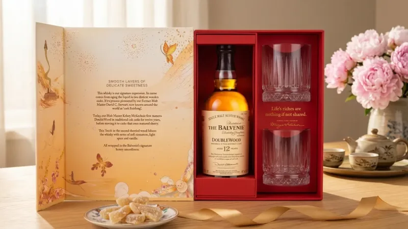 Hộp quà Balvenie DoubleWood 12 Tết 2027 mở nắp, bên trong có 2 ly pha lê cắt cạnh