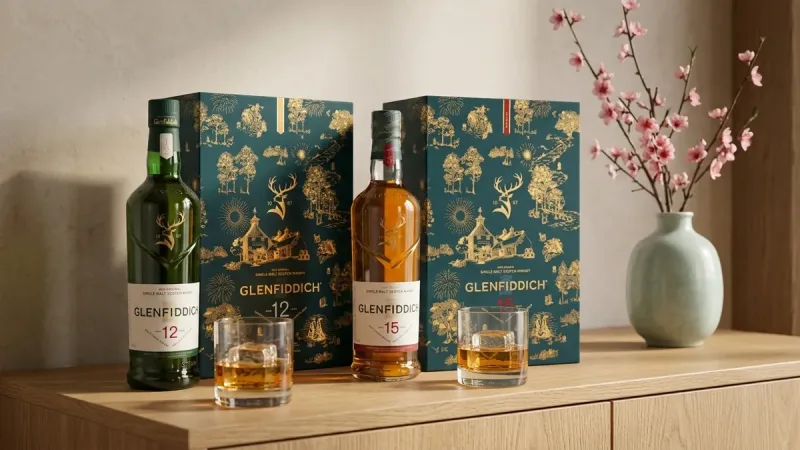 Hộp quà Glenfiddich 12 chai xanh lá và Glenfiddich 15 chai trong cùng màu hộp xanh đá