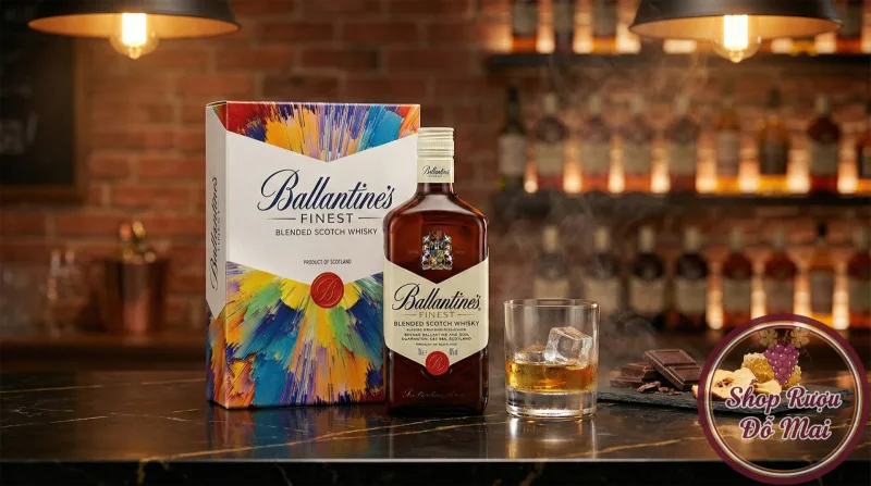 Rượu Ballantine's Finest Hộp Quà Tết 2026 cùng ly whisky thưởng thức và hương vị socola mật ong đặc trưng