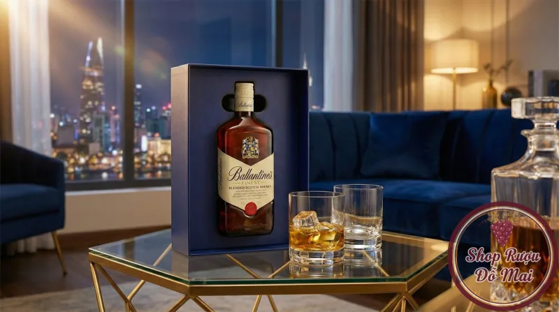 Rượu Ballantine's Finest Hộp Quà Tết 2026 trong không gian tiệc tùng sang trọng tại Hồ Chí Minh