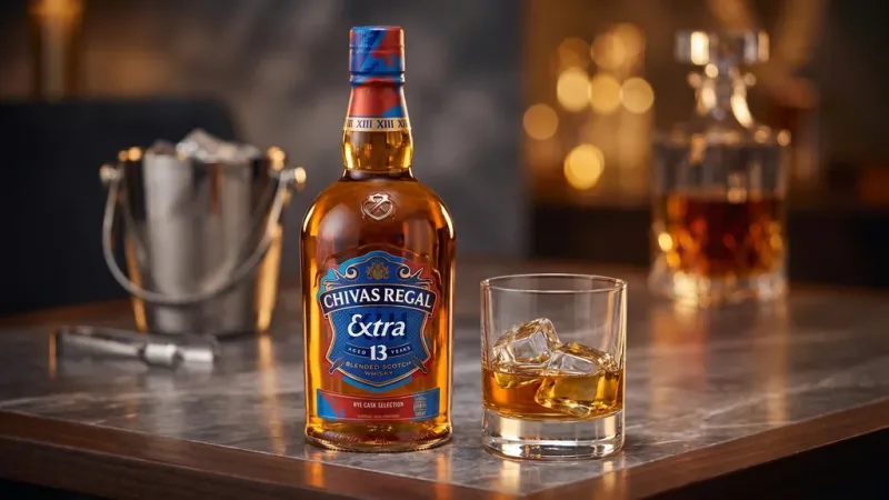 Cách thưởng thức Rượu Chivas Extra 13 Rye Cask 700ML với ly pha lê và đá viên