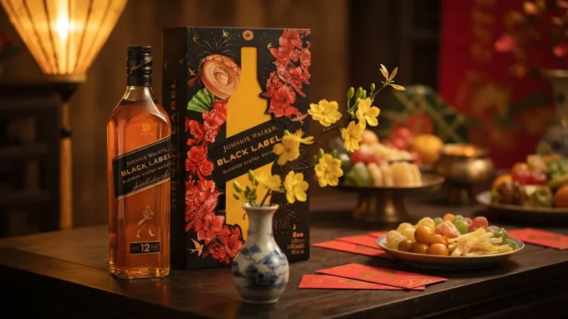 Rượu Johnnie Walker Black Label 12 Năm Hộp Quà Tết 2027 bên cành mai vàng và bao lì xì