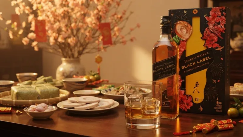 Black Label 12 uống với đá vuông to trên mâm cơm ngày Tết