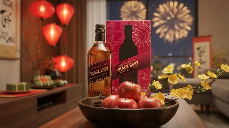 Rượu Johnnie Walker Black Ruby 750ml Hộp Quà Tết 2027 trong phòng khách trang trí Tết