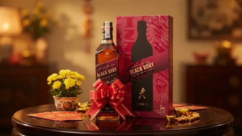 Hộp quà Johnnie Walker Black Ruby đỏ hồng bên bao lì xì ngày Tết