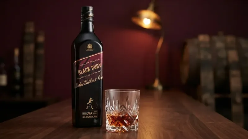 Rượu Johnnie Walker Black Ruby 750ml trên quầy bar gỗ