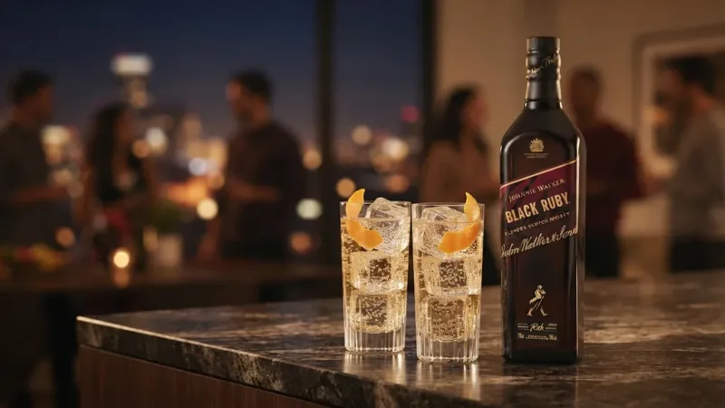 Johnnie Walker Black Ruby pha highball với soda và vỏ cam