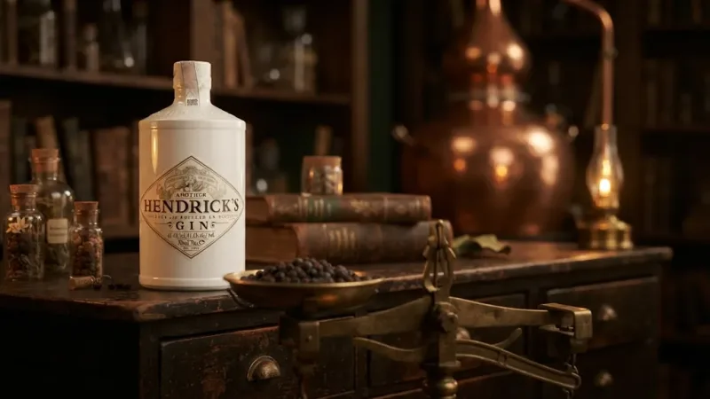 Rượu Another Hendrick's Gin 700ML trên tủ gỗ trong thư viện nhà máy rượu Scotland