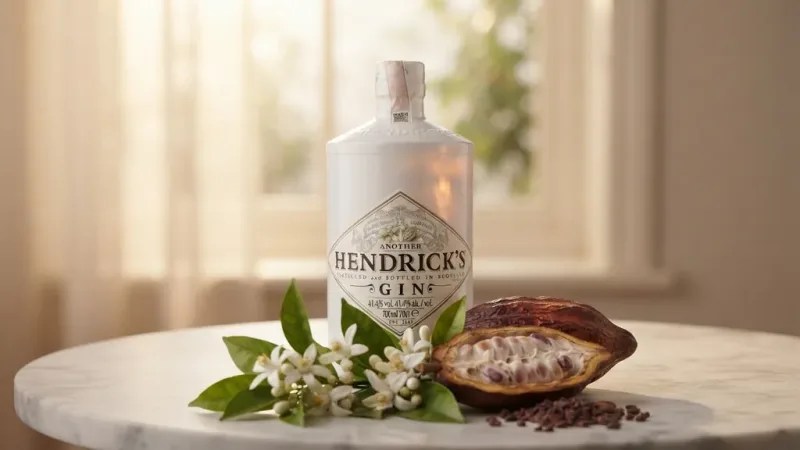 Another Hendrick's Gin bên hoa cam và quả cacao, hương vị đặc trưng