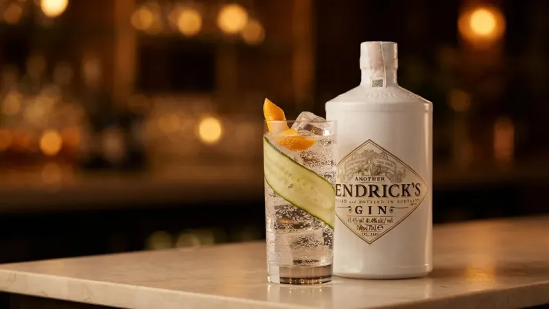 Another Hendrick's Gin pha highball với soda, đá vuông, dưa leo và vỏ cam