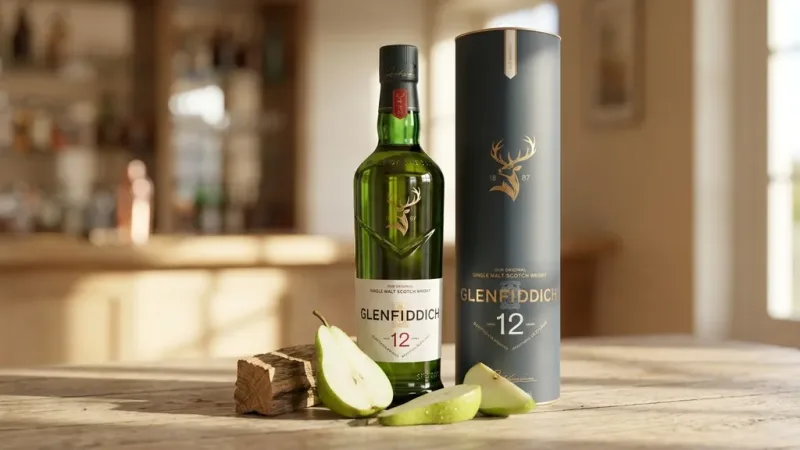 Glenfiddich 12 năm bên lát lê tươi và miếng gỗ sồi, hương vị đặc trưng