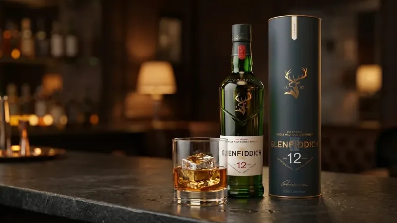 Ly Glenfiddich 12 năm với một viên đá vuông to trên quầy bar