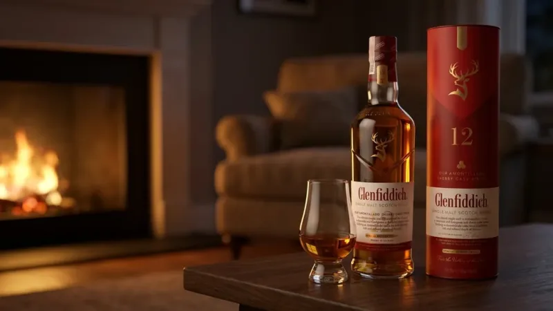 Ly tulip Glenfiddich 12 Amontillado uống chậm bên lò sưởi