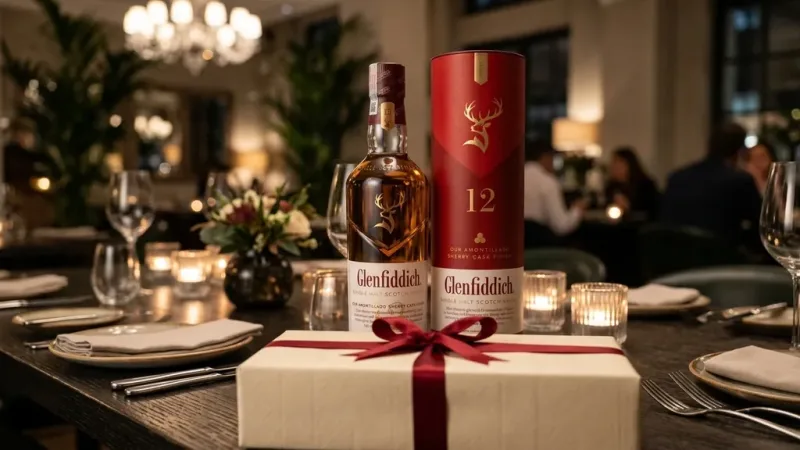 Rượu Glenfiddich 12 Amontillado 700ML với ống đỏ trên bàn tiệc làm quà tặng