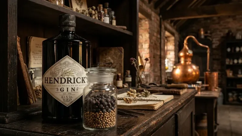 Rượu Hendrick's Gin 700ML trên tủ gỗ cổ trong nhà máy rượu Scotland