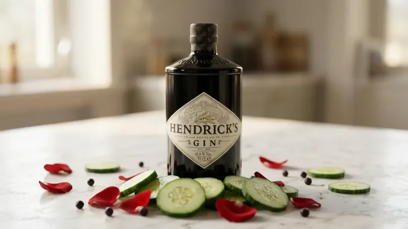 Hendrick's Gin bên lát dưa leo và cánh hoa hồng, hai hương vị đặc trưng