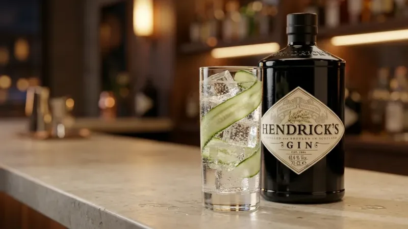 Ly Hendrick's gin tonic với đá vuông và dải dưa leo trên quầy bar