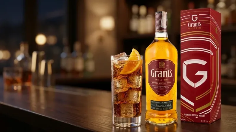 Ly Grant's Triple Wood pha cola với đá vuông và miếng cam