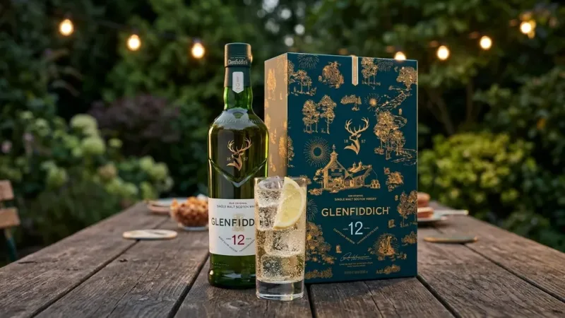 Glenfiddich 12 pha highball với soda và đá vuông