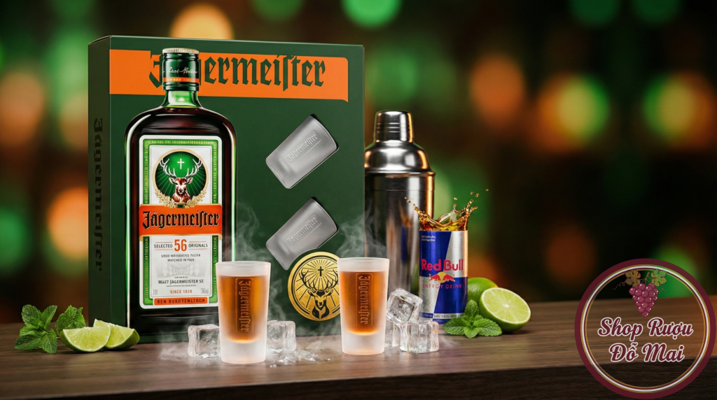 Cách uống Jagermeister chuẩn vị với ly shot đi kèm trong hộp quà