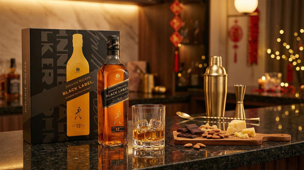 Cách thưởng thức Johnnie Walker Black Label Tết 2026 chuẩn vị với ly đá vuông và món ăn kèm trong không gian tiệc tùng ấm cúng