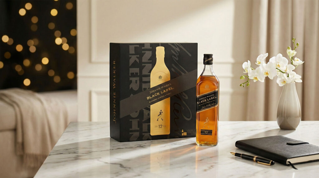 Hộp quà Johnnie Walker Black Label Tết 2026 với thiết kế đen sang trọng kèm 2 ly thủy tinh cao cấp trong không gian hiện đại