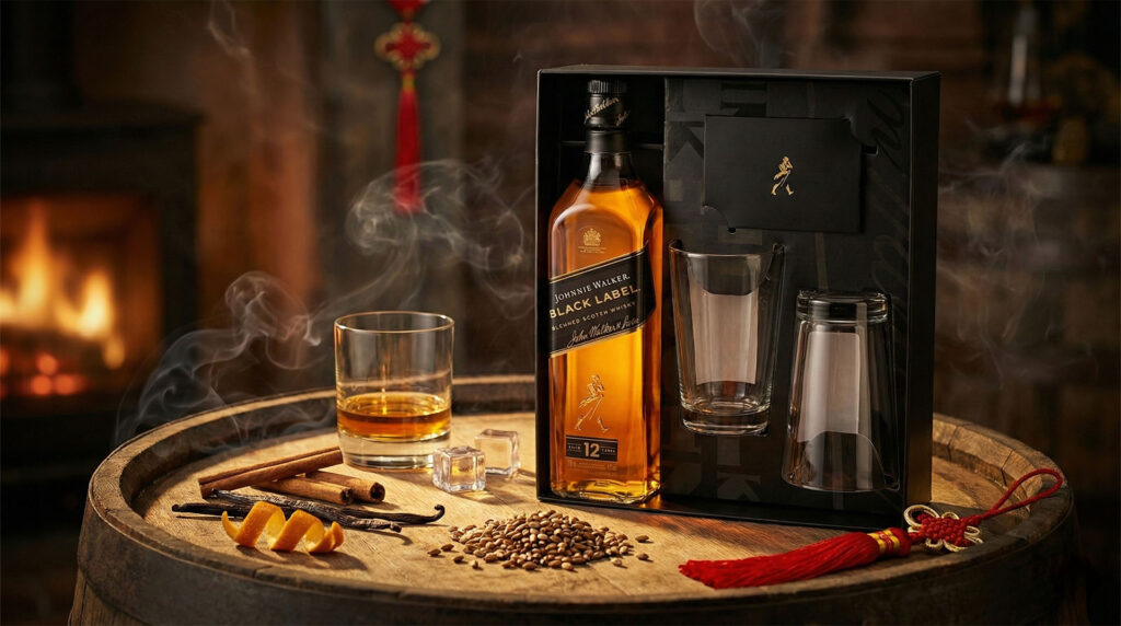 Johnnie Walker Black Label với hương vị đặc trưng khói nhẹ vani trái cây được thể hiện qua ly whisky hổ phách và nguyên liệu tự nhiên
