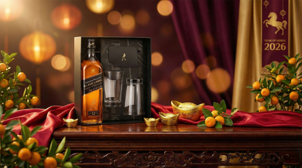 Rượu Johnnie Walker Black Label Hộp Quà Tết 2026 trong không gian trang trí Tết Bính Ngọ sang trọng với tông màu đỏ vàng may mắn