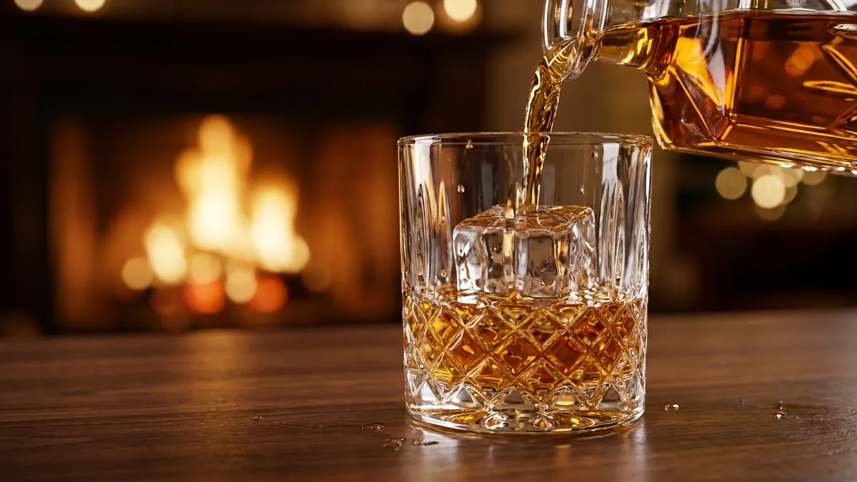 Rót whisky Johnnie Walker Black Label màu hổ phách vào ly có đá viên to