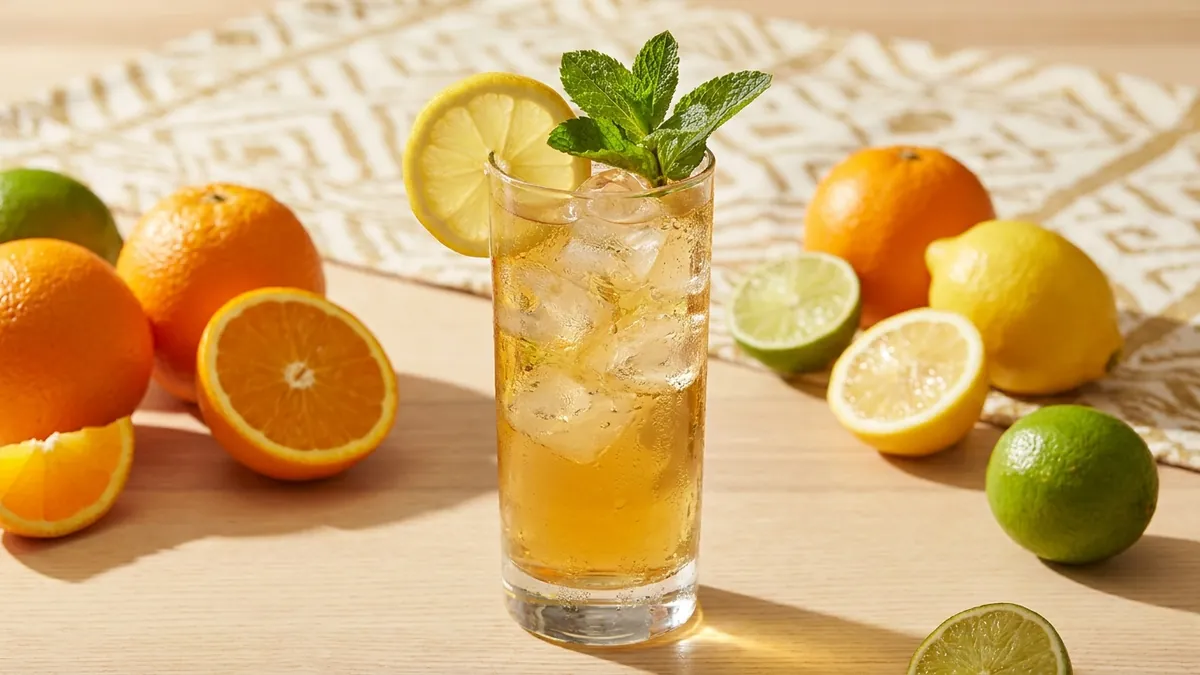 Ly cocktail Jagermeister mùa hè nhiều đá, chanh vàng và lá bạc hà
