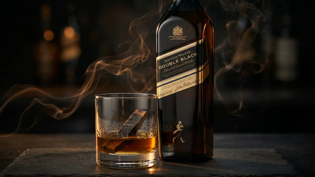 Johnnie Walker Double Black với lớp khói đậm trong khung cảnh tối trầm