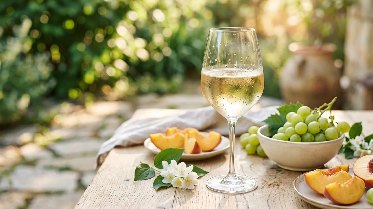 Ly vang Moscato ướp lạnh cùng trái cây tươi trong ngày hè