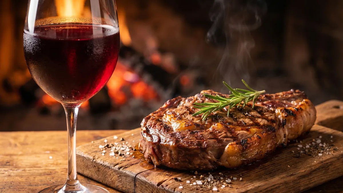 Ly vang đỏ G7 bên đĩa bò bít tết nướng thơm lừng trong tiệc BBQ