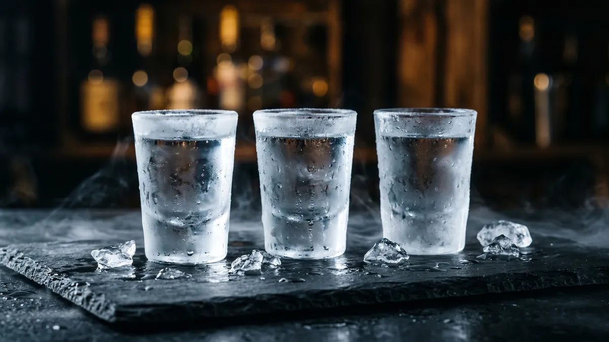Rót vodka ướp lạnh sánh mịn ra ly shot phủ sương đá