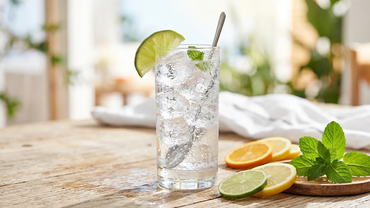 Ly vodka soda mát lạnh với đá và lát chanh vàng cho ngày hè