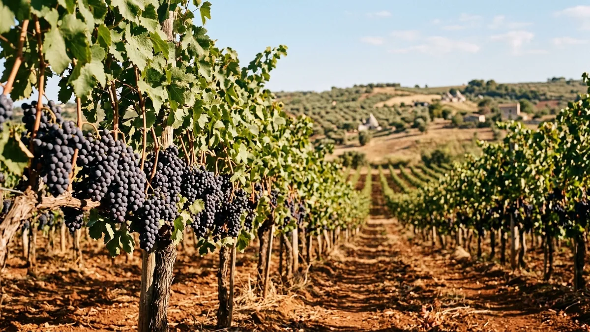 Vườn nho Primitivo chín mọng dưới nắng vùng Puglia miền Nam nước Ý