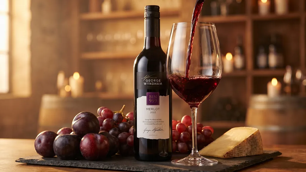 Rót rượu vang George Wyndham Bin 999 Merlot ra ly bên nho đỏ chín và phô mai