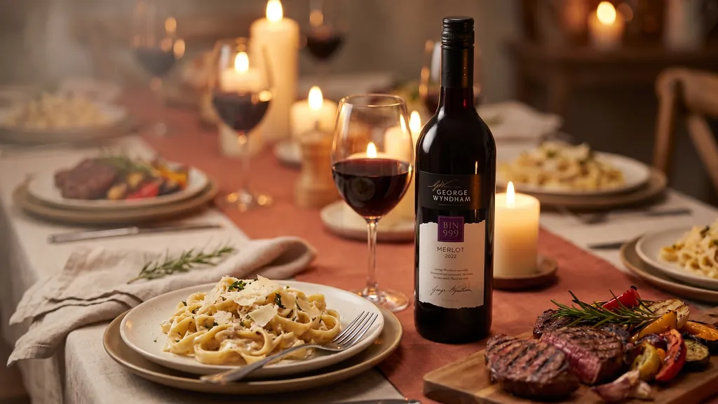 Rượu vang George Wyndham Bin 999 Merlot bên bàn tiệc pasta sốt kem và thịt nướng