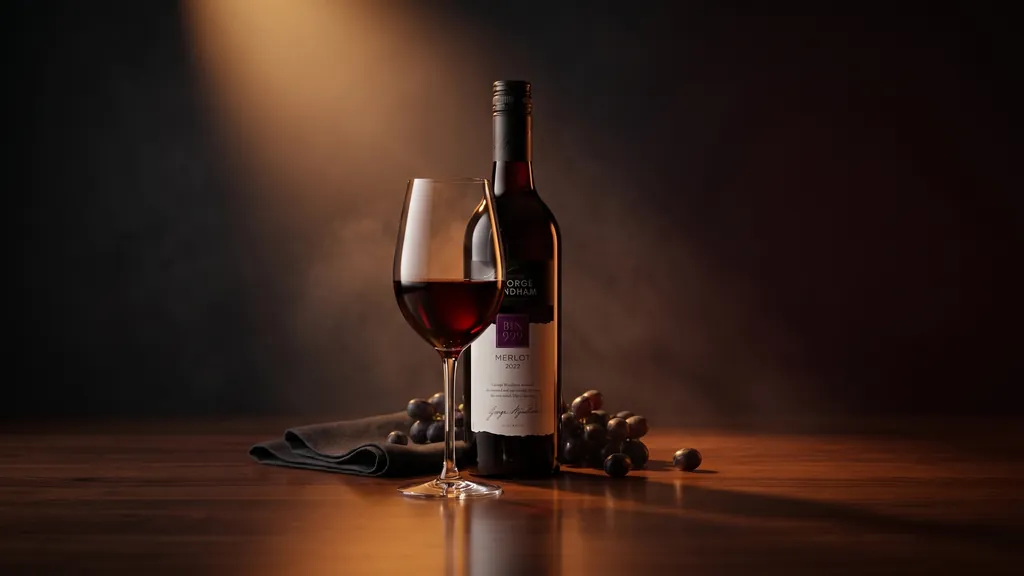 Rượu vang Úc George Wyndham Bin 999 Merlot trưng bày trên bàn gỗ sồi trong studio sang trọng